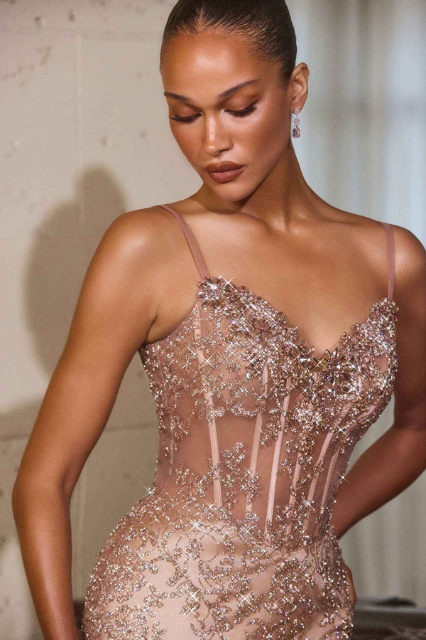 Ladivine J889 Hand Placed Applique Shimmering Sequin Fitted Gown - Glamourous Grace