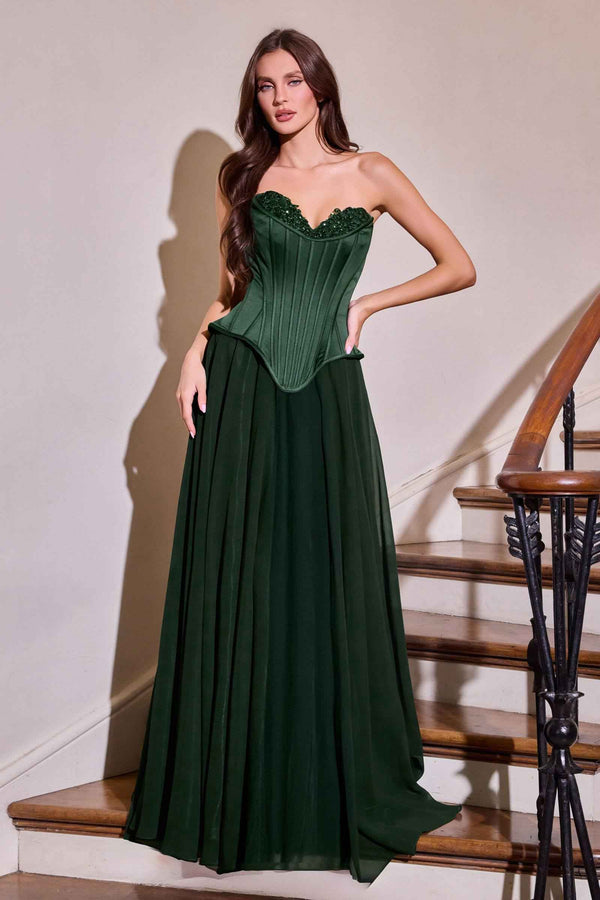 Ladivine J891 Fitted Corset Bodice Flowy Chiffon Skirt Formal Gown - Glamourous Grace