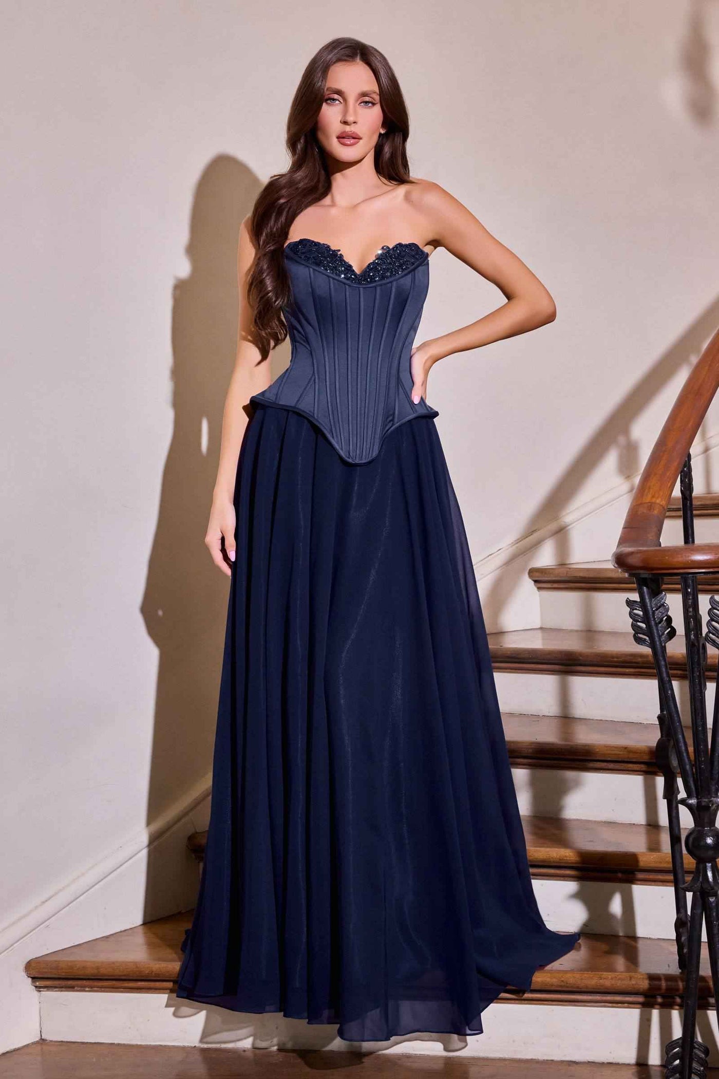 CLEARANCE - Ladivine J891 Fitted Corset Bodice Chiffon Skirt Navy Blue Gown (Size 12) - Glamourous Grace