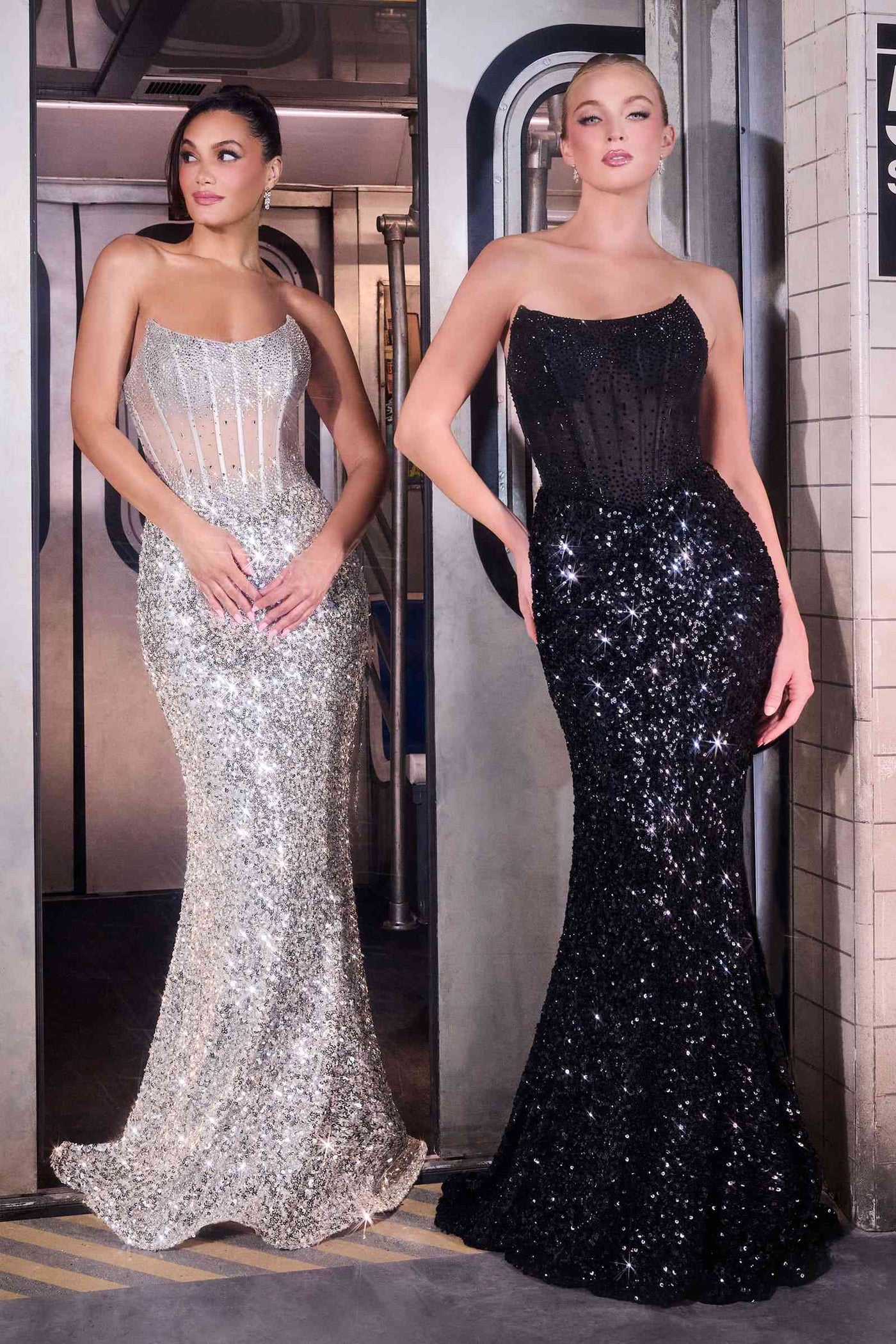 Ladivine J892 Sleek Neckline Sequin Design Corset Bodice Formal Gown - Glamourous Grace