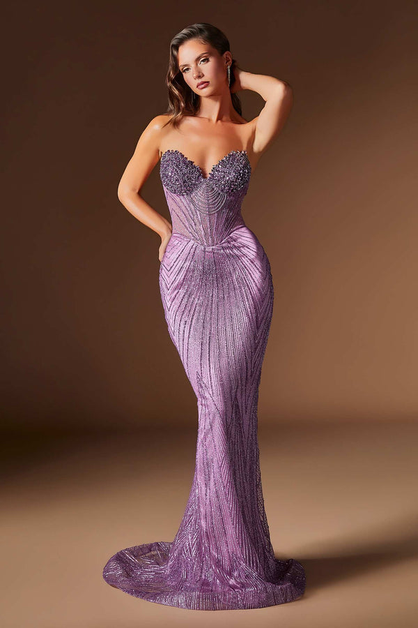 Ladivine J903 Lavish Crystal Encrusted Sheer Corset Bodice Fitted Gown - Glamourous Grace