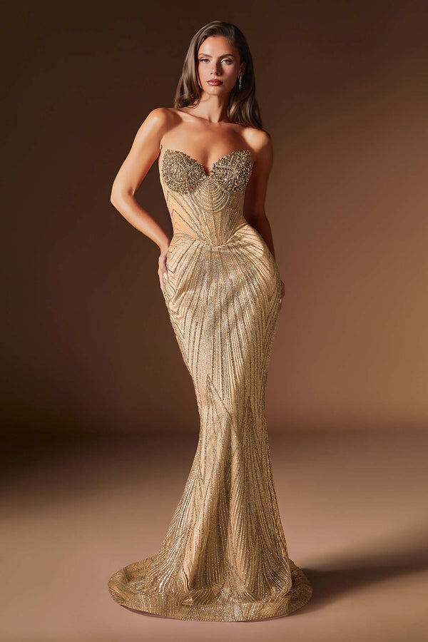 Ladivine J903 Lavish Crystal Encrusted Sheer Corset Bodice Fitted Gown - Glamourous Grace
