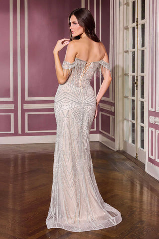 Ladivine J908 Off the Shoulder Cascading Crystal Fringe Formal Gown