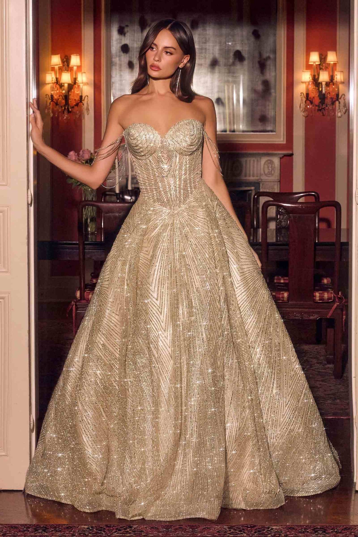Ladivine J915 Shimmering Glitter Tulle Boned Corset Ball Gown - Glamourous Grace