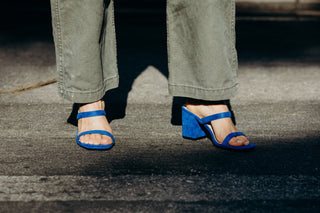 Blue suede Stormi heels by J.Adams featuring a sleek design with pointed toes and stiletto heels.
