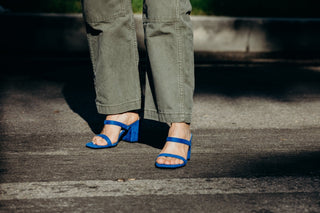 Blue suede Stormi heels by J.Adams featuring a stylish pointed toe and sleek stiletto heel, perfect for elegant occasions.