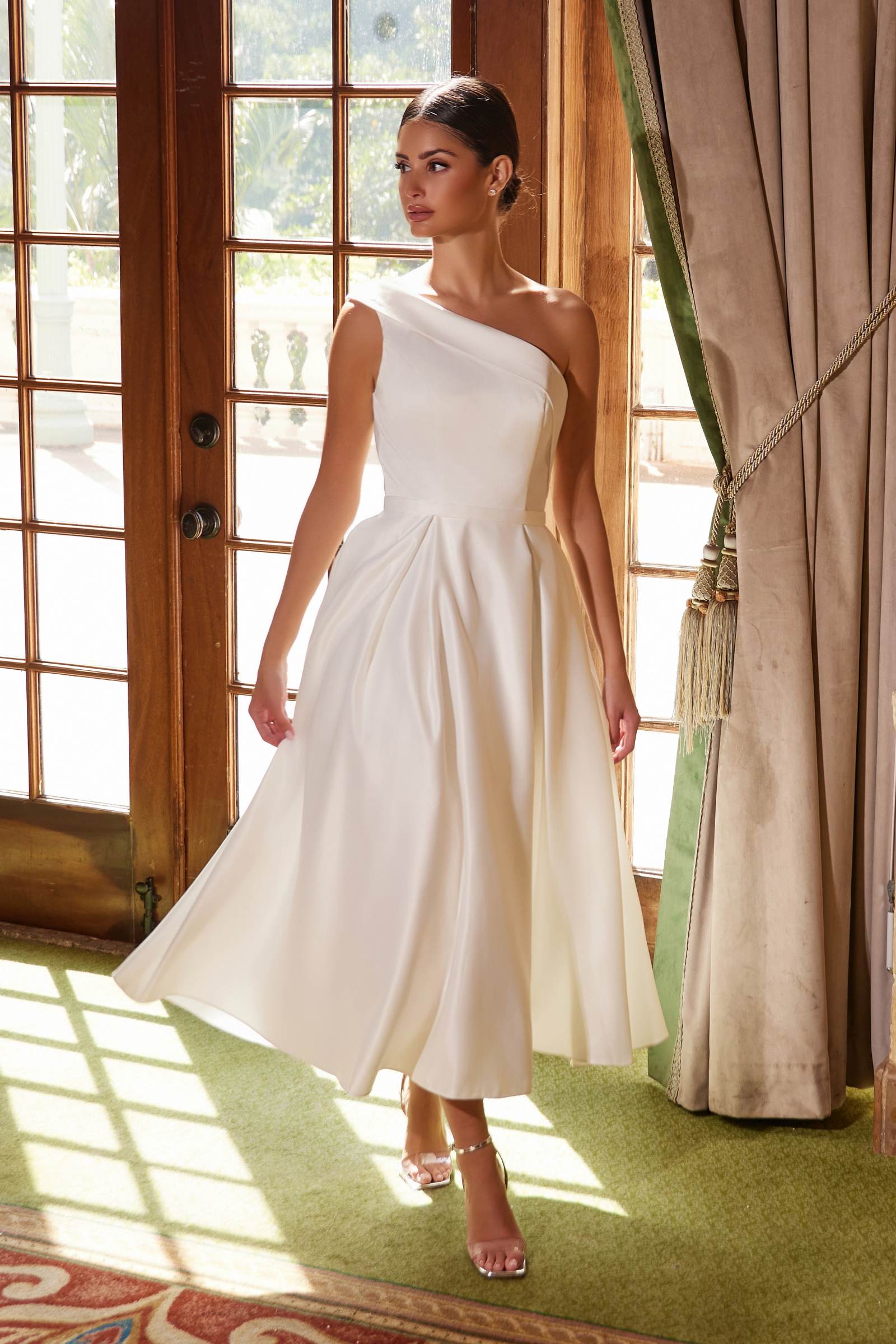 Nox Anabel JE931 One Shoulder Satin Tea Length Gown - Glamourous Grace
