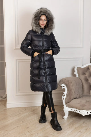 Genuine Silver Fox Fur Trim Down Fill Coat