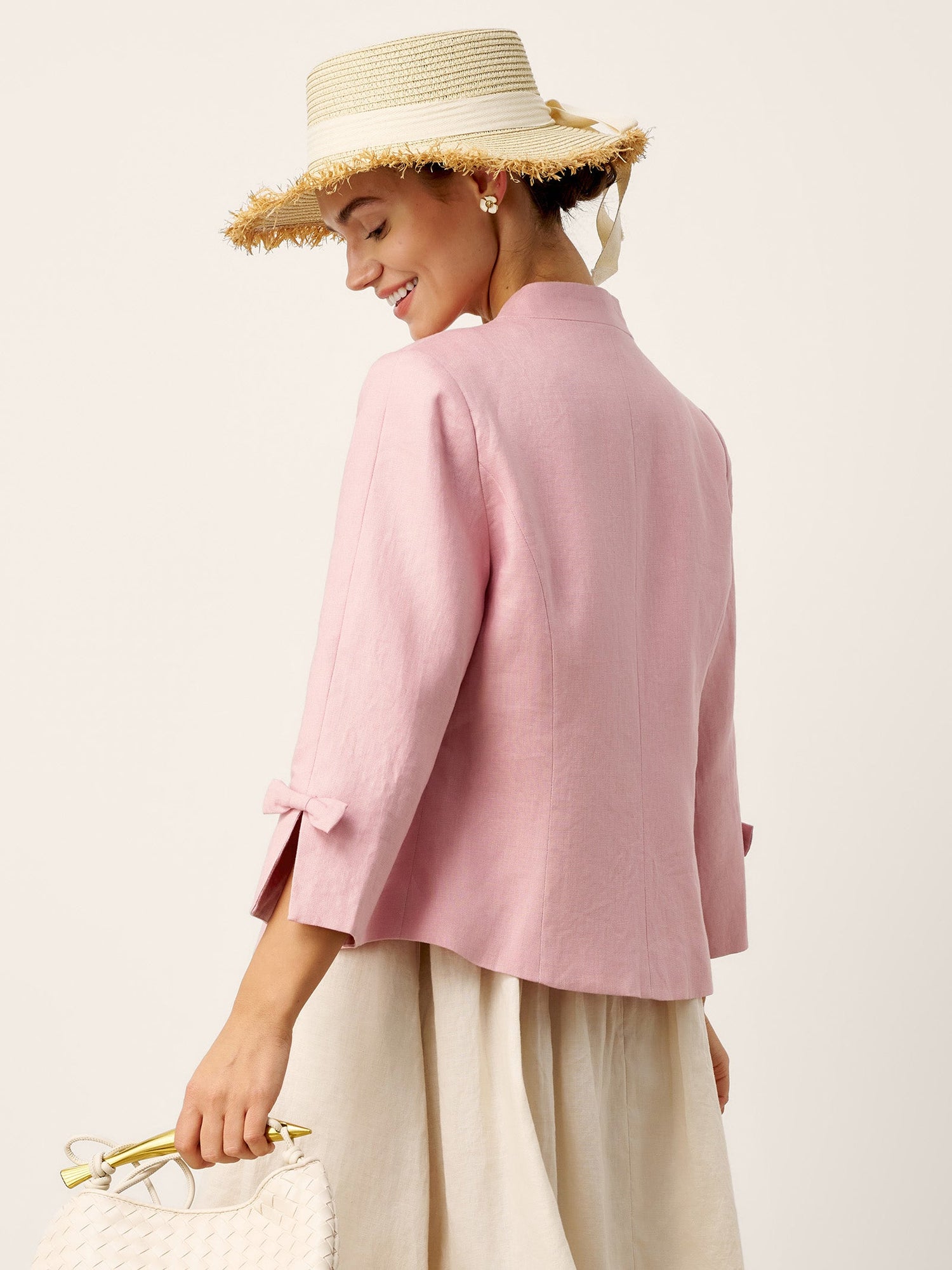 100% Linen Bow Cuff Stand Collar Jacket FINOLA - Glamourous Grace