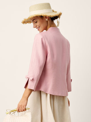 100% Linen Bow Cuff Stand Collar Jacket FINOLA