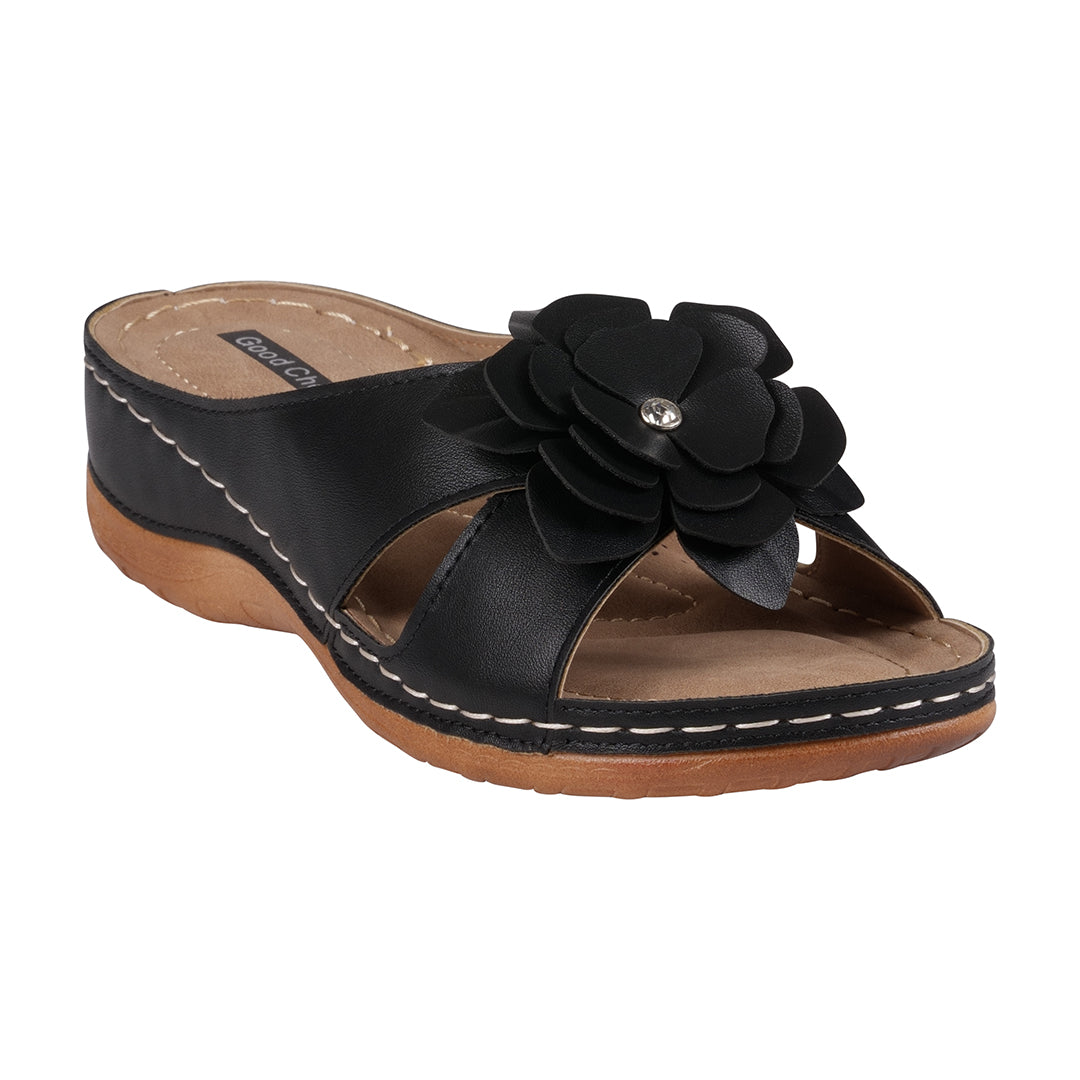 Women's Joy Black Flower Flat Sandals - Glamourous Grace