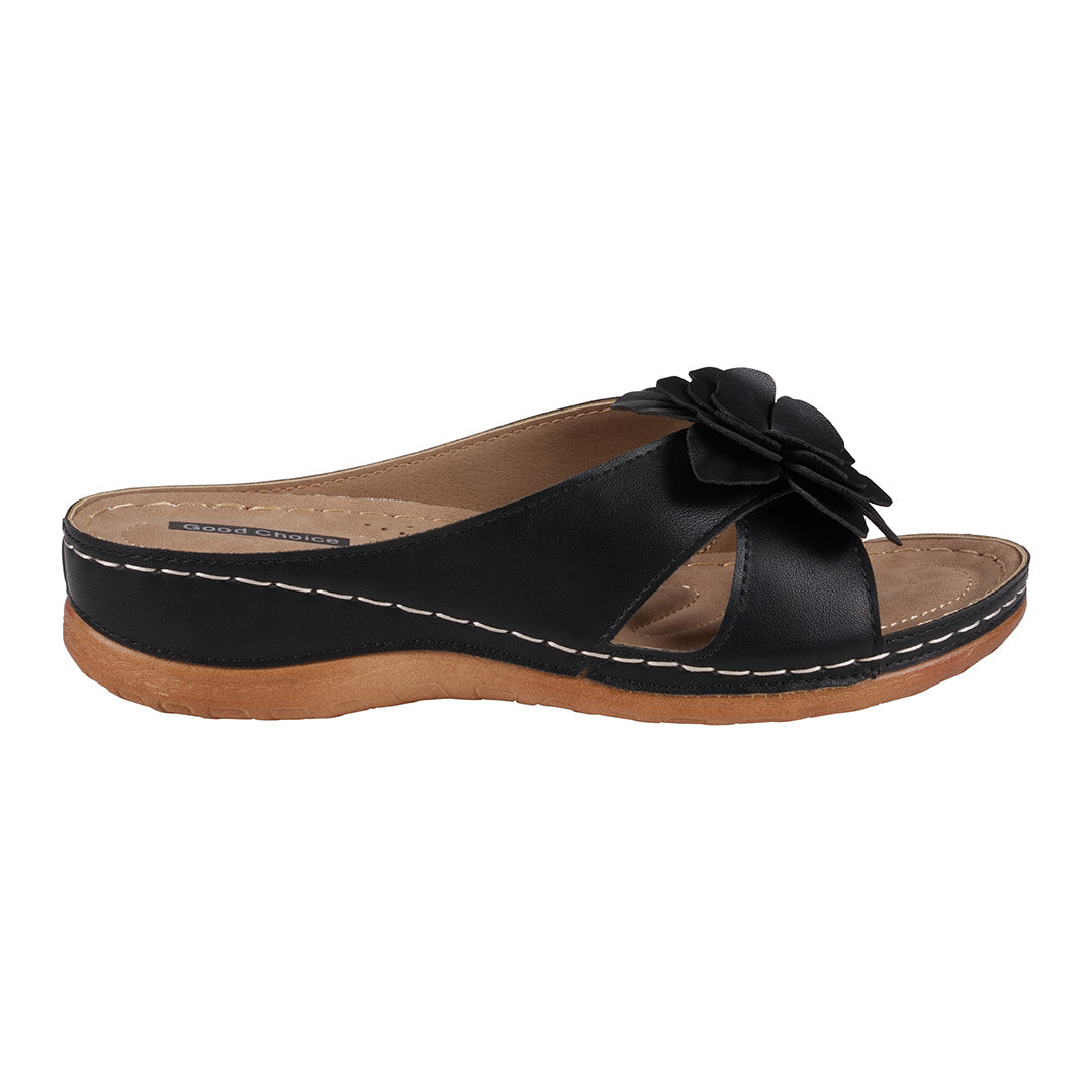 Women's Joy Black Flower Flat Sandals - Glamourous Grace
