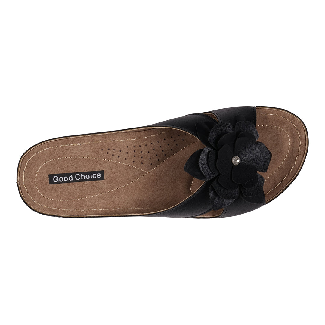Women's Joy Black Flower Flat Sandals - Glamourous Grace