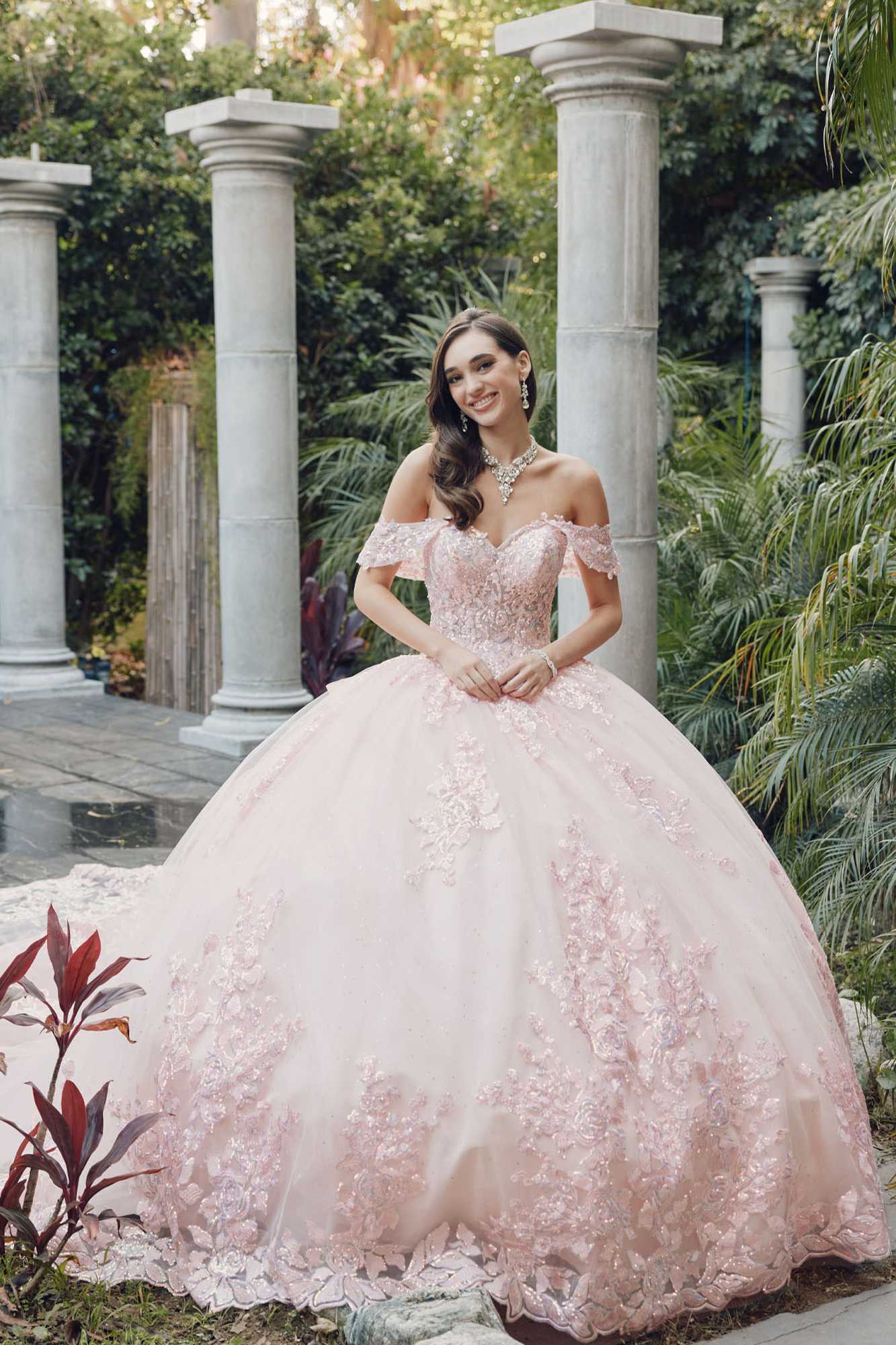 Juliet JT1458J Off the Shoulder Draped Sleeve Cathedral Train Quince Dress - Glamourous Grace