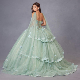 Juliet JT1466H Dress 3D Multi Floral Applique Cape Sleeve Quinceanera Gown