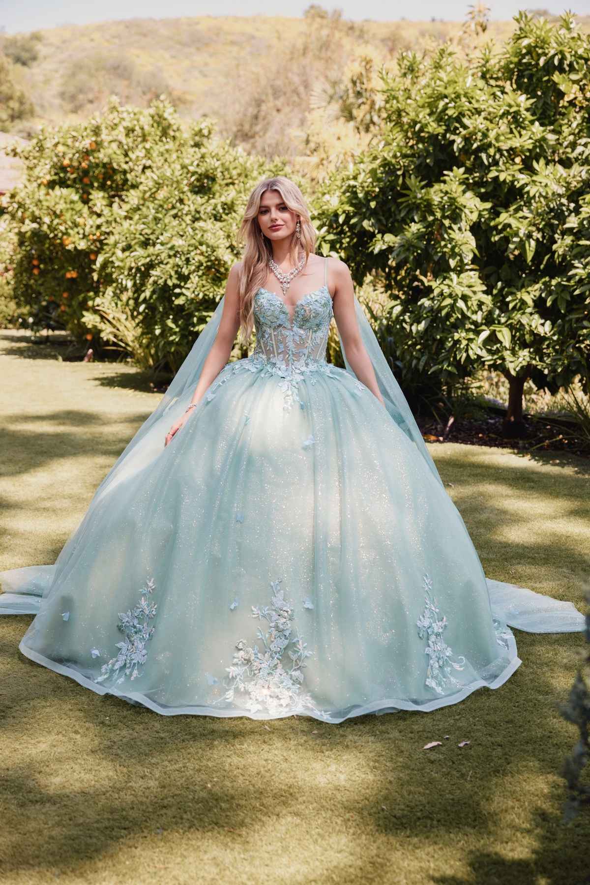 Juliet JT1466H Dress 3D Multi Floral Applique Cape Sleeve Quinceanera Gown - Glamourous Grace