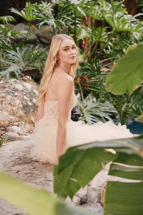 Juliet JT2451S Long Lace Bodice Sleeveless A-line Ruffled Gown - Glamourous Grace