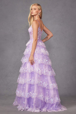Juliet JT2454K Long Boned Bodice Tiered Layered Sequin Detail A-Line Gown