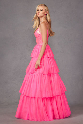 Juliet JT2457H Long Tiered Ruffled Tulle A-Line Sequin Bodice Dress