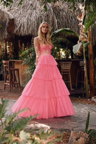 Juliet JT2457H Long Tiered Ruffled Tulle A-Line Sequin Bodice Dress