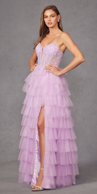 Juliet JT2458A Long Ruffle Tulle A-Line Ball Gown Bustier Bodice Thin Straps