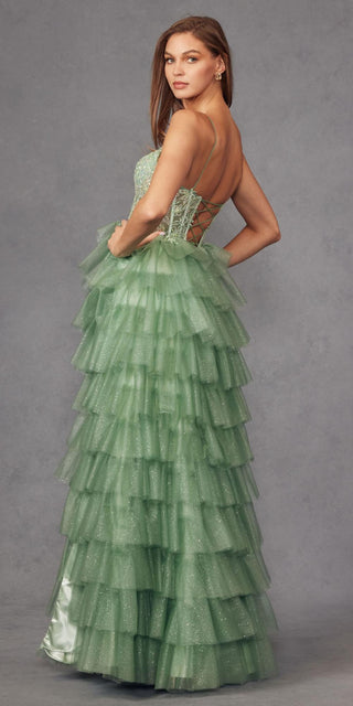 Juliet JT2458A Long Ruffle Tulle A-Line Ball Gown Bustier Bodice Thin Straps