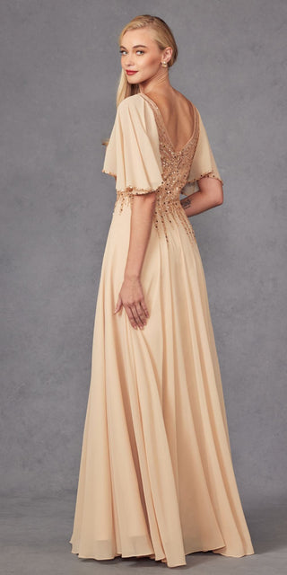 Juliet JTM14F Long A-Line Flutter Mid-Length Sleeve Evening Gown