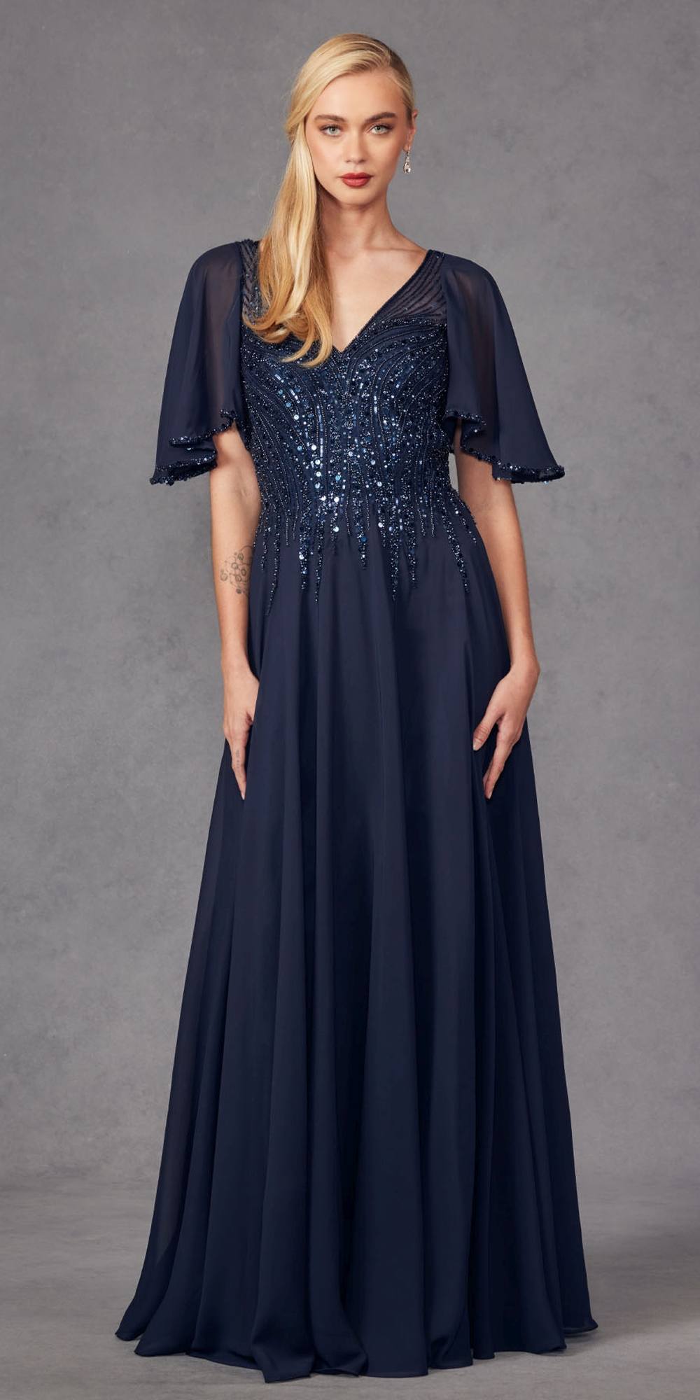 Juliet JTM14F Long A-Line Flutter Mid-Length Sleeve Evening Gown - Glamourous Grace