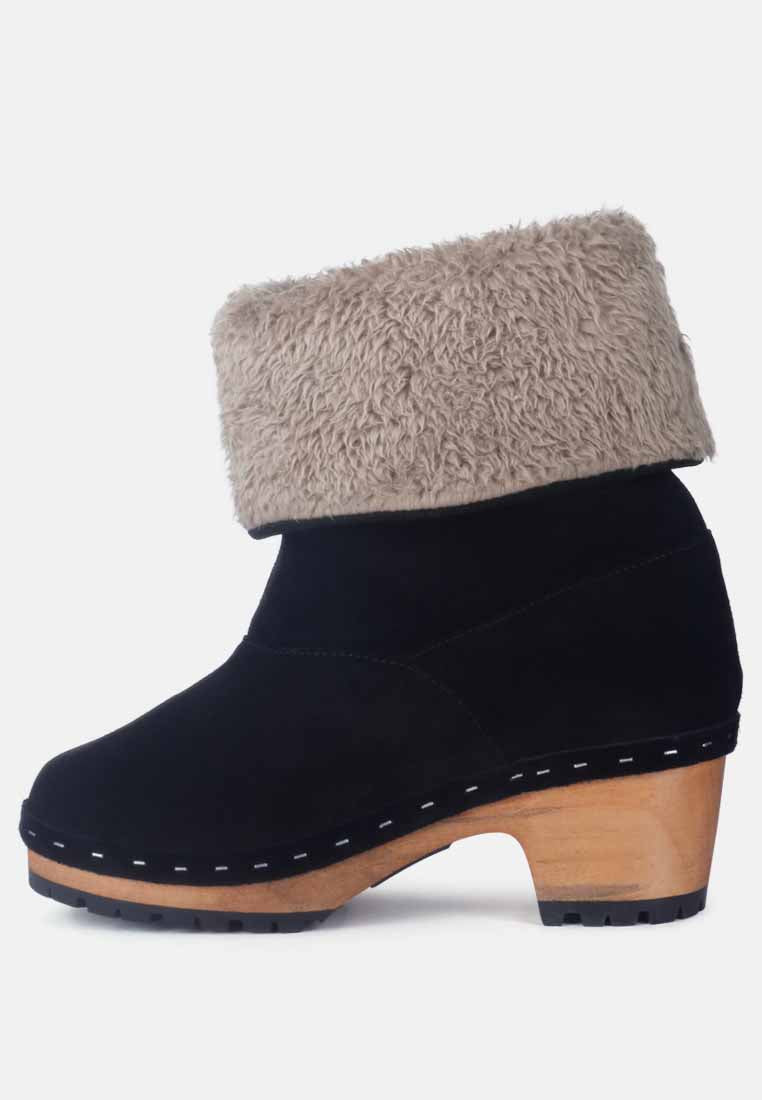 Juglans Fur Collared Ankle Clog Boots In Black - Glamourous Grace
