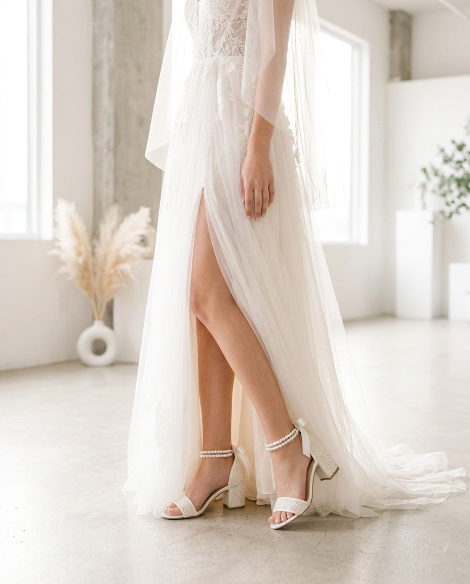 Crochet Lace Block Heel Wedding Sandals with Double Pearl Ankle Strap