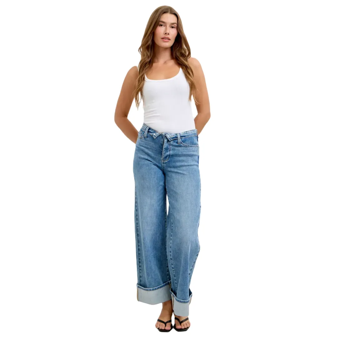 Judy Blue Mid Rise Fold Over Waistband Straight Denim Jeans 881100