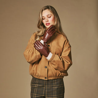 Julietta (brown) - Lambskin leather gloves with plush rabbit fur lining and touchscreen feature - Glamourous Grace