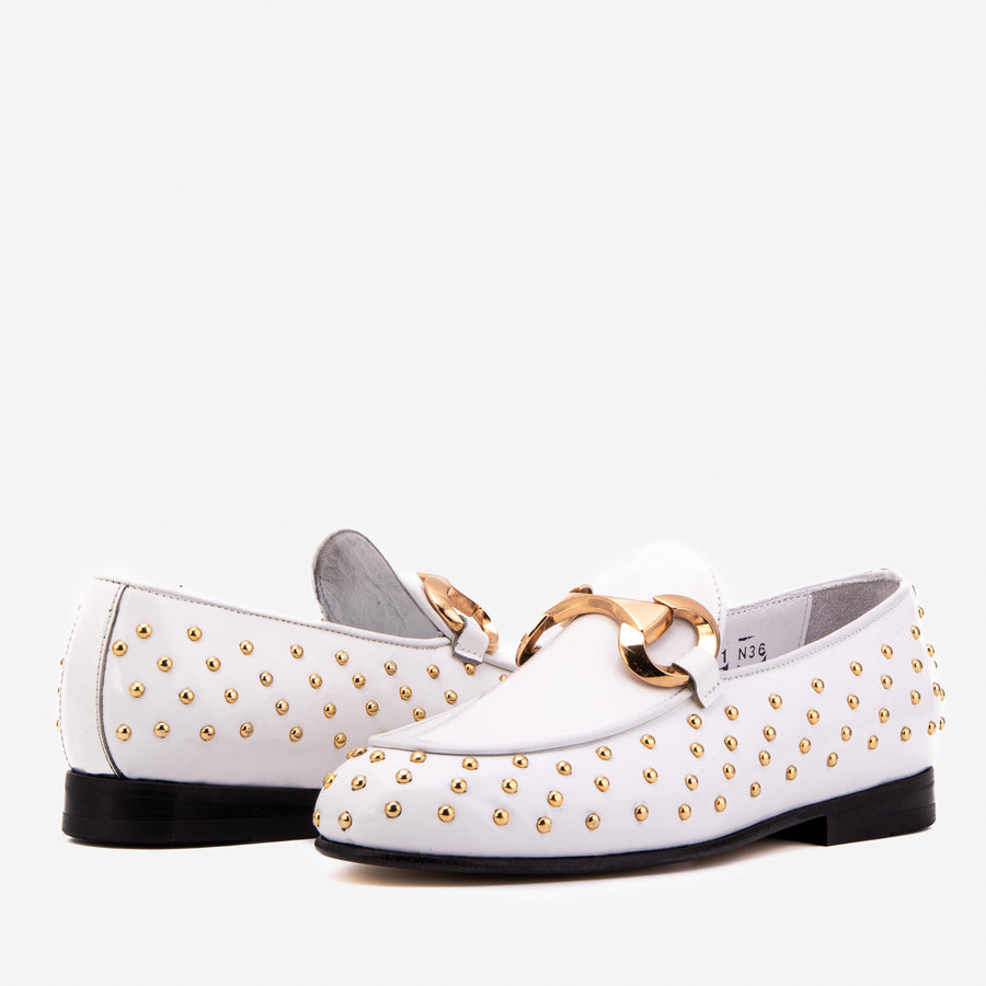 The Jupiter  Shoe White Spike Leather  Bit Dress Loafer Limited Edition Women  Shoe - Glamourous Grace