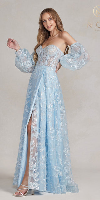 Nox Anabel K1155 Floor Length Butterfly Puff Sleeve Gown