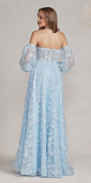 Nox Anabel K1155 Floor Length Butterfly Puff Sleeve Gown