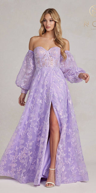 Nox Anabel K1155 Floor Length Butterfly Puff Sleeve Gown