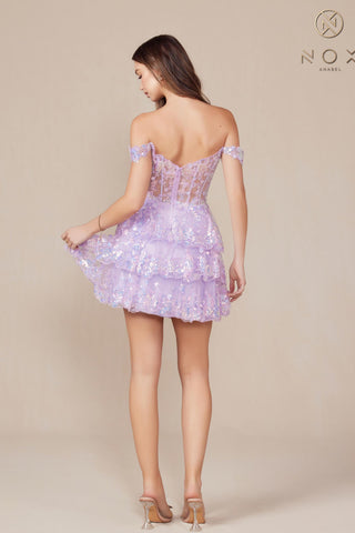 Nox Anabel K856 Short Off the Shoulder A-Line Tiered Skirt Dress