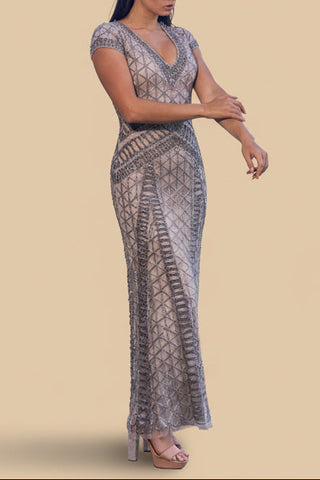 Lara 29746 - Beaded V-Neckline Dress with Cap Sleeves - Glamourous Grace