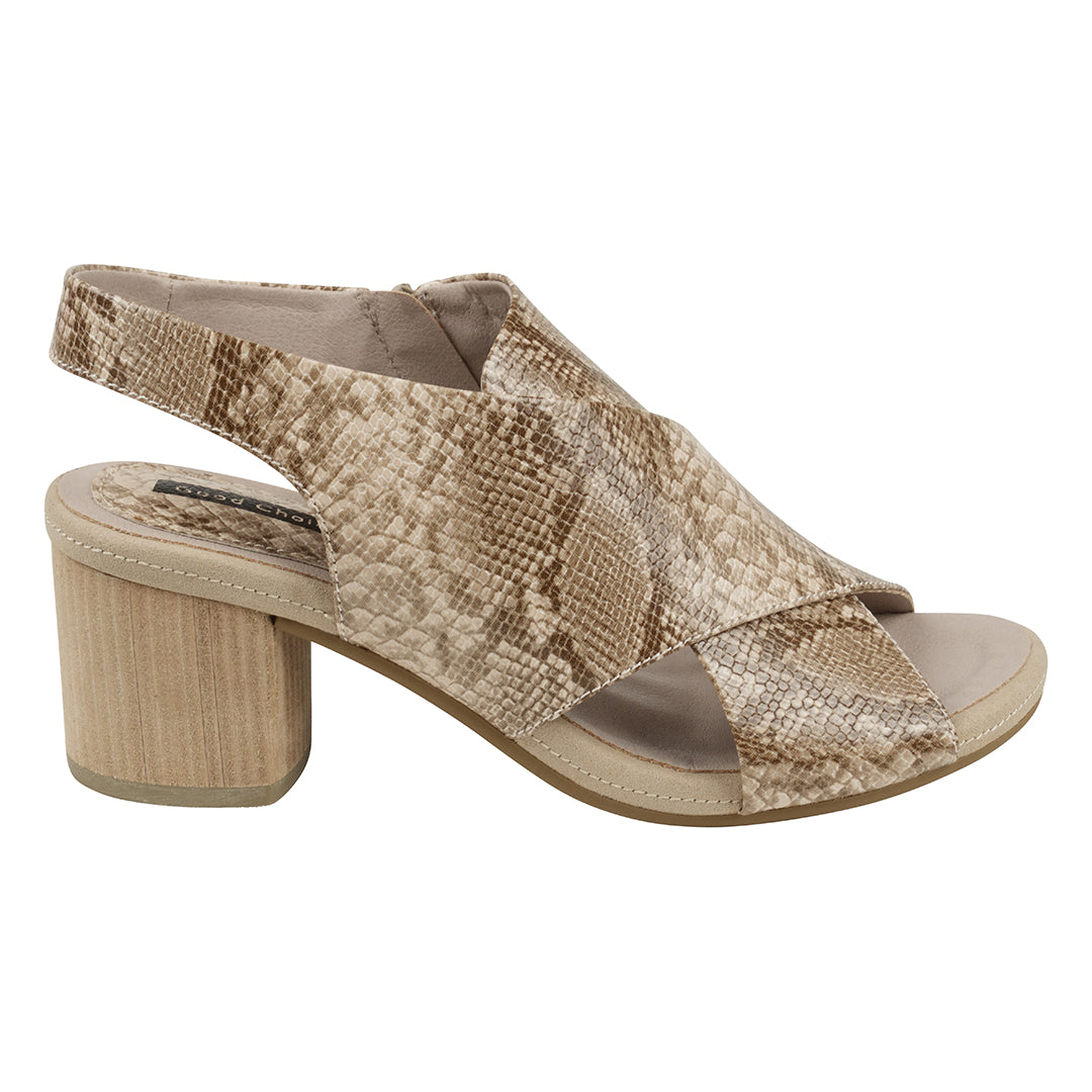 Keefa Snake/Beige Cross Strap Slingback Heeled Sandals - Glamourous Grace