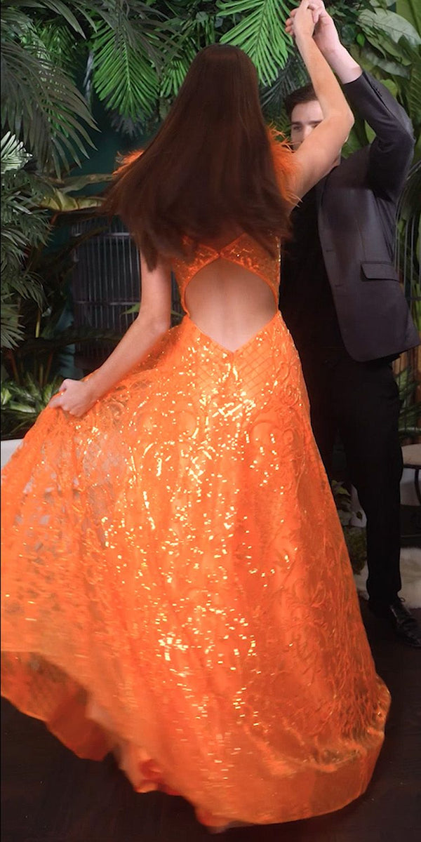Ladivine KV1076 Floor Length Neon Orange Ball Gown with Feathers - Glamourous Grace