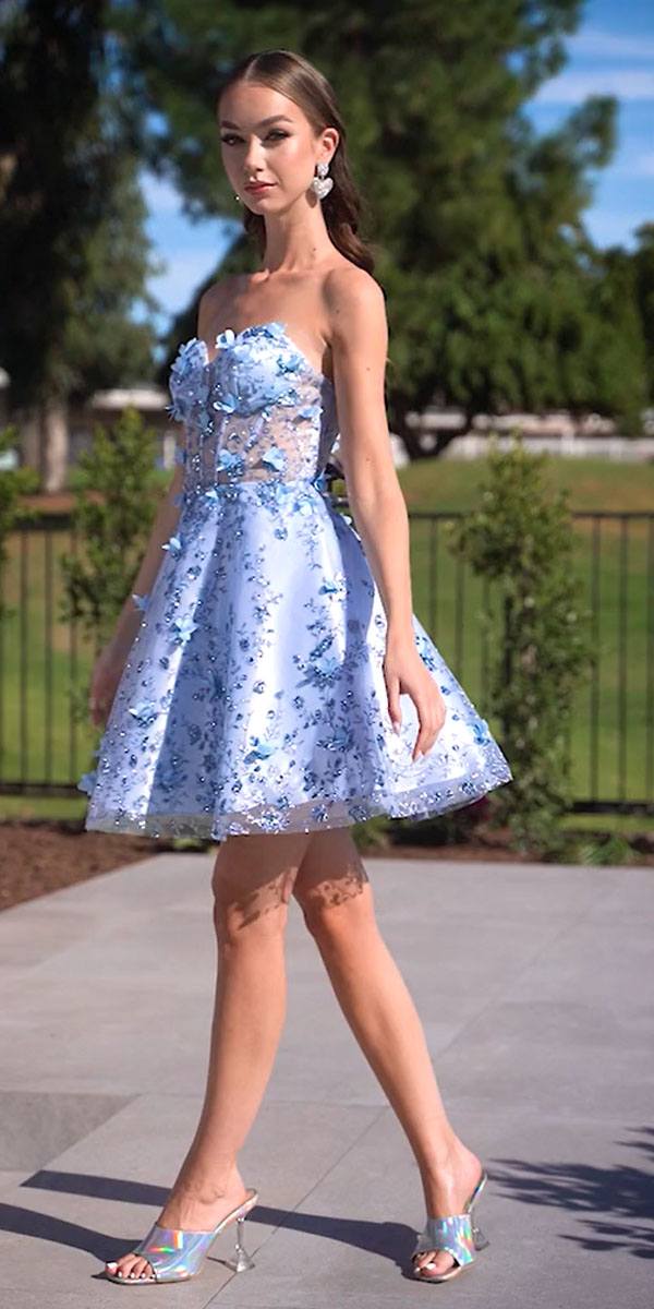 Ladivine KV1089 Short Floral Strapless A-Line Dress with Puff Sleeves - Glamourous Grace