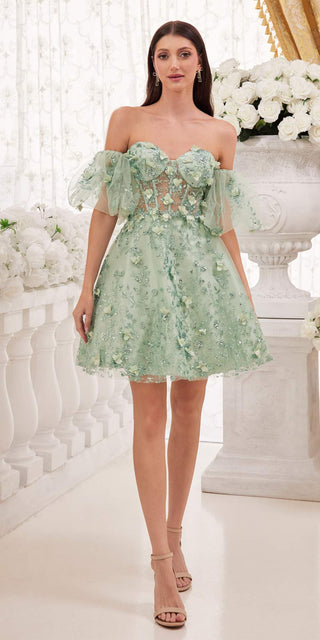 Ladivine KV1089 Short Floral Strapless A-Line Dress with Puff Sleeves