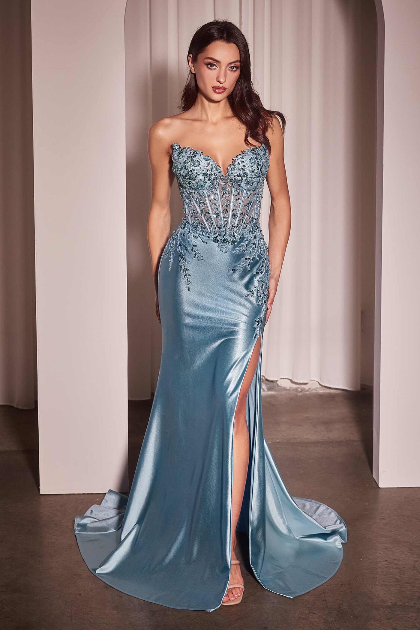 Ladivine KV1112 Dress Satin and Lace Strapless Fitted Gown - Glamourous Grace