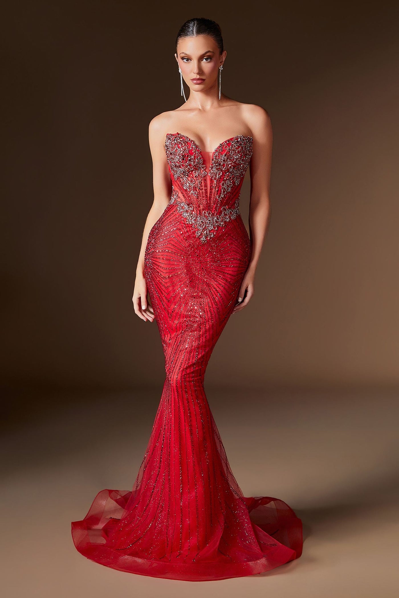 Ladivine KV1129 Strapless Sweetheart Neck Crystal Linear Beading Gown - Glamourous Grace