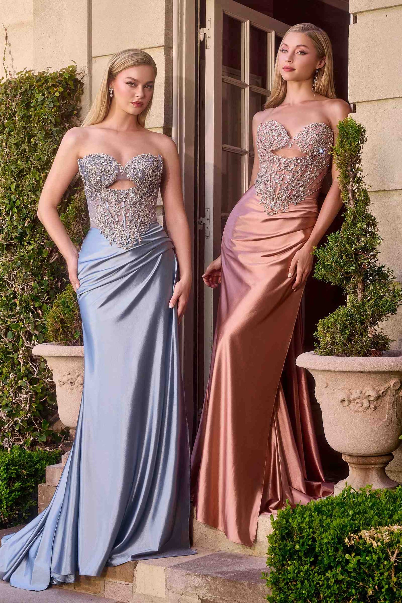Ladivine KV1135 Strapless Sweetheart Bead and Crystal Satin Evening Gown - Glamourous Grace