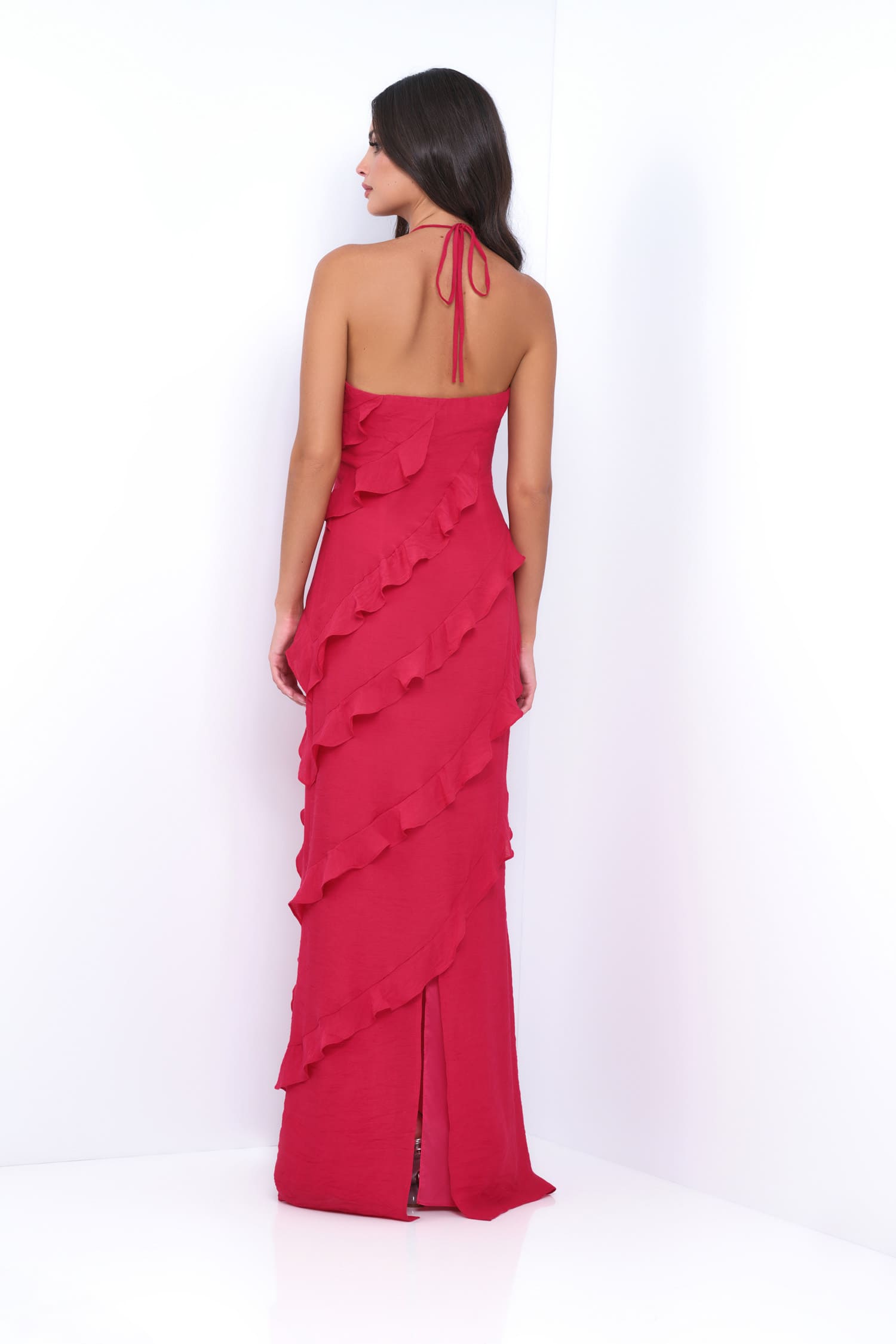 Remi Red Maxi Dress - Halter Neck, Open Back, Ruffle Detail - Glamourous Grace