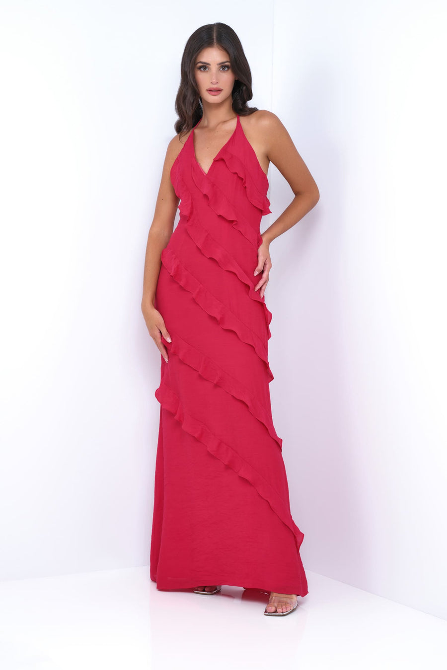 Remi Red Maxi Dress - Halter Neck, Open Back, Ruffle Detail - Glamourous Grace