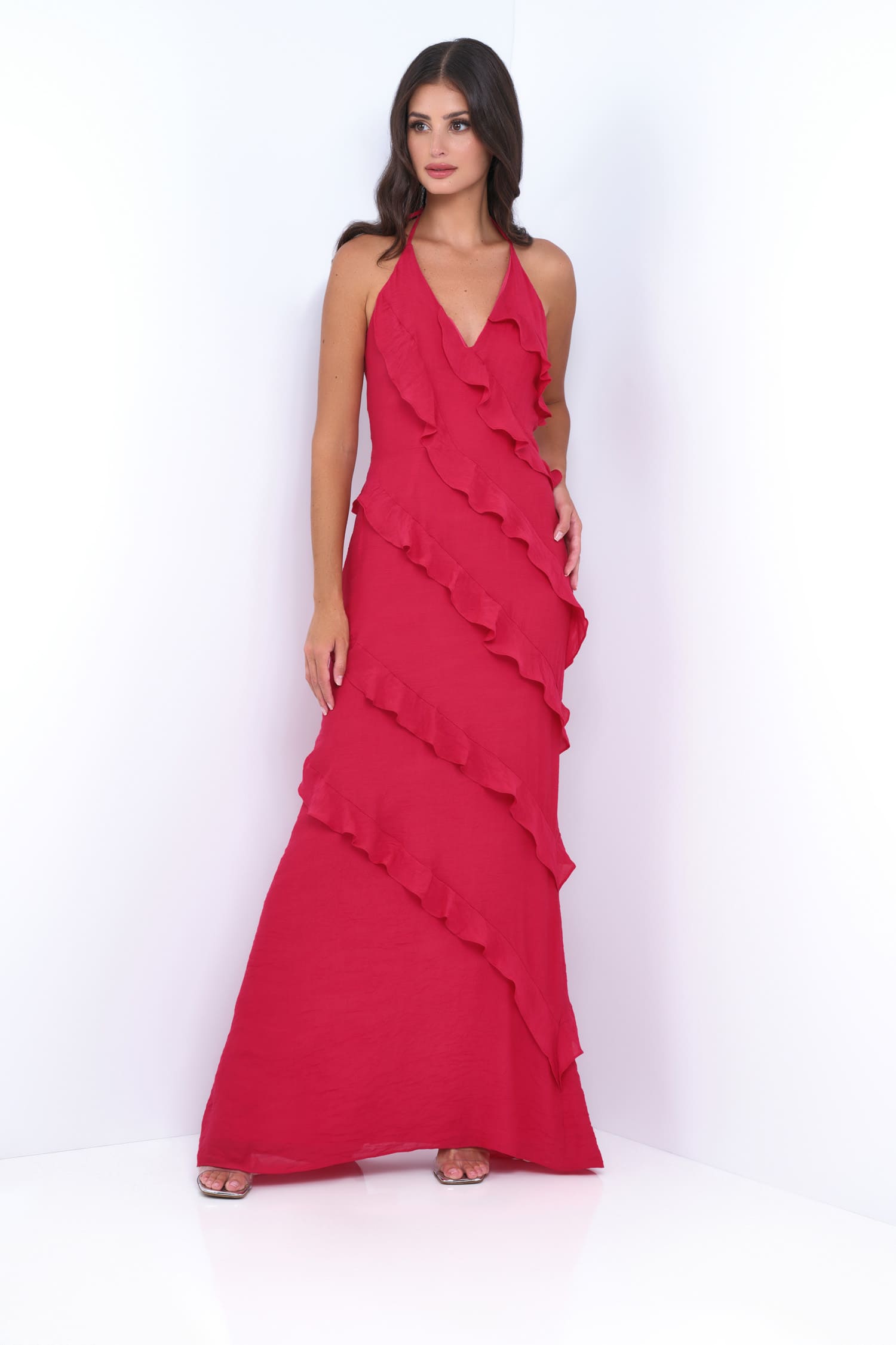 Remi Red Maxi Dress - Halter Neck, Open Back, Ruffle Detail - Glamourous Grace