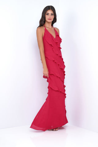 Remi Red Maxi Dress - Halter Neck, Open Back, Ruffle Detail - Glamourous Grace