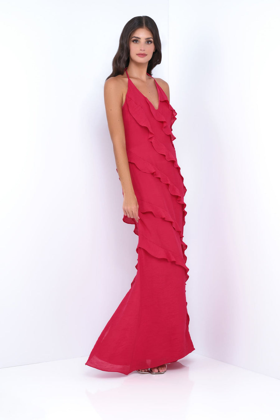 Remi Red Maxi Dress - Halter Neck, Open Back, Ruffle Detail - Glamourous Grace